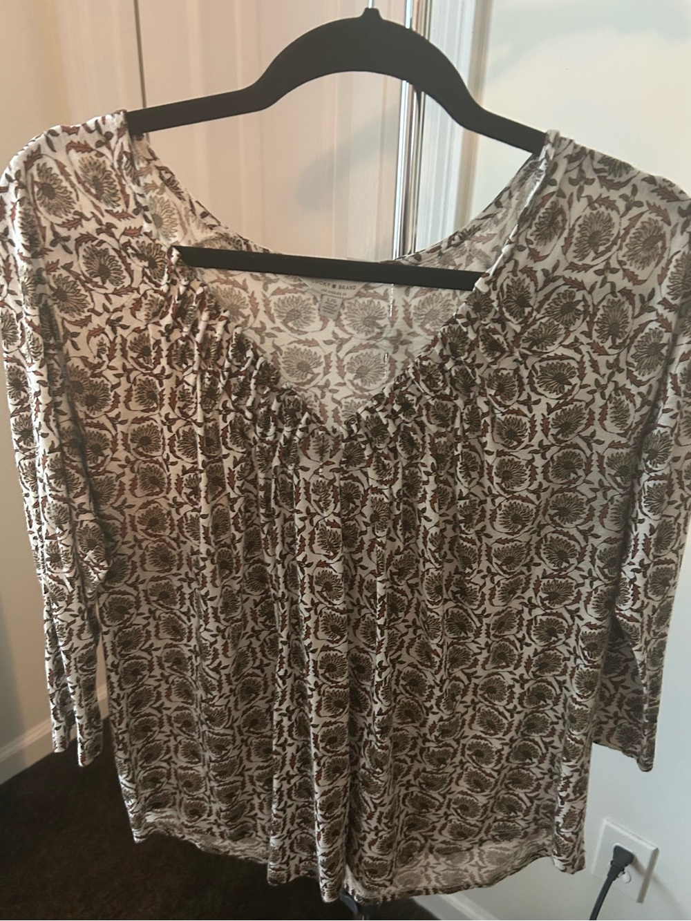 Printed V- Neck Women's Top - Brown Floral Pattern